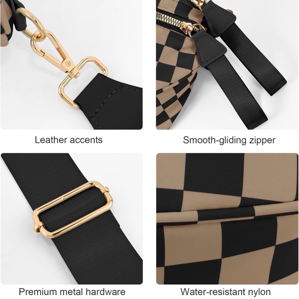 🖤🤎Black Tan Rose Gold Checkerboard Bum Bag Crossbody Sling Bag, Wide Strap, NWOT - Picture 7 of 10